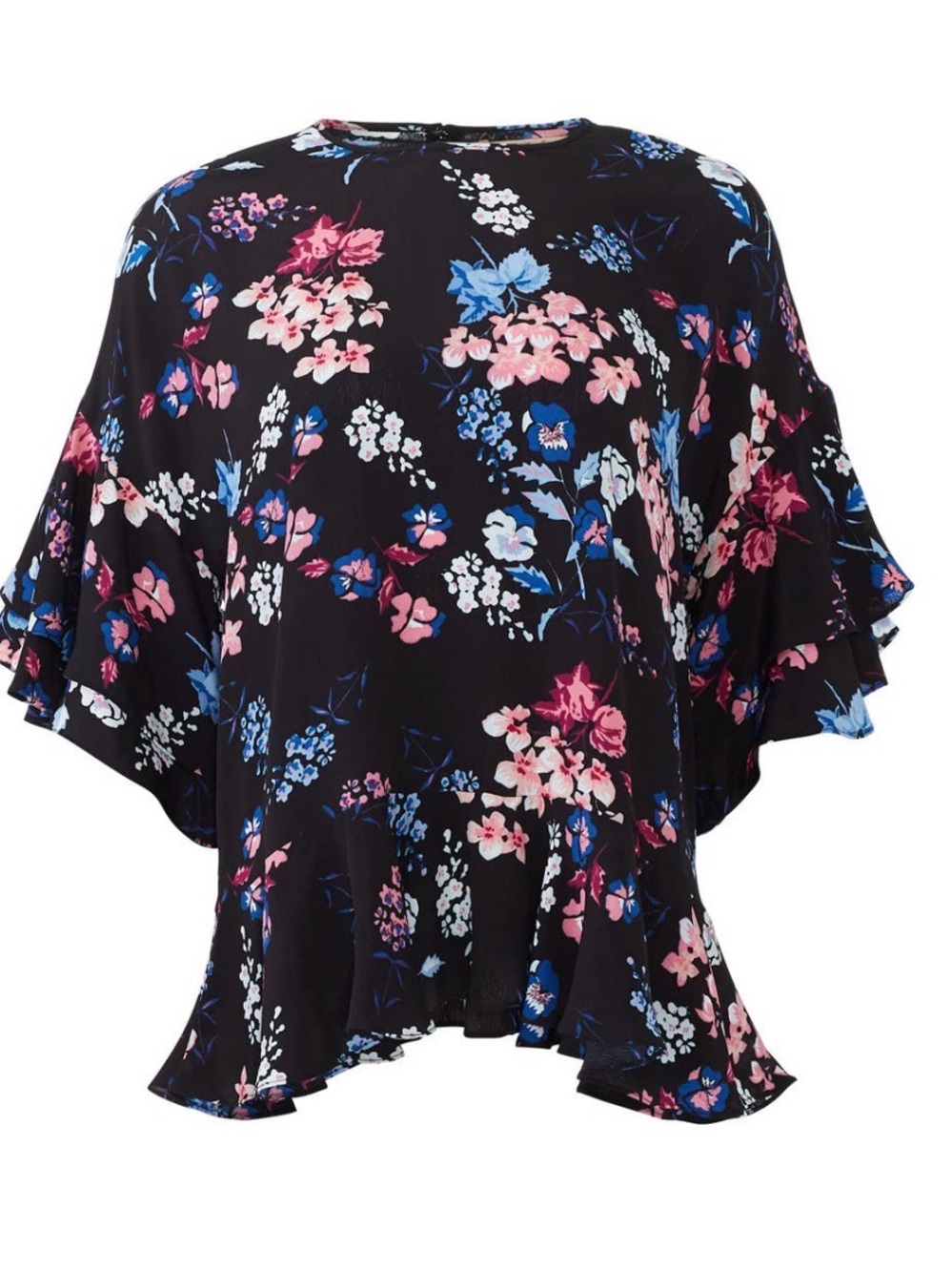By Timo Black Floral Peplum Blouse Ruffle Sleeves Size XS Dark Romance
